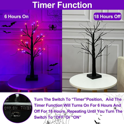 2-Pack 24in Halloween Light-Up Trees, 48 LED Orange Purple Tabletop Decor, Timer