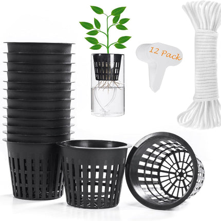 12 Pack 3" Net Cups with Wicks & Labels, Hydroponic Self-Watering Pots