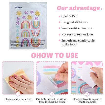 Rainbow Wall Stickers – Watercolor Hearts, Stars & Sun, Classic Colors