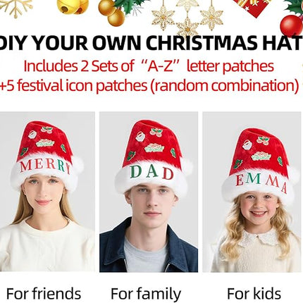 DIY Santa Hat Christmas Velvet Hat for Adults – Thick Fur with Letters & Stickers