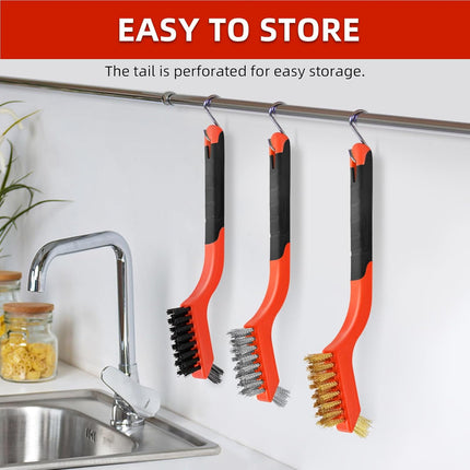 3pcs Wire Brush Set – Brass, Stainless Steel & Nylon for Cleaning Rust & Paint