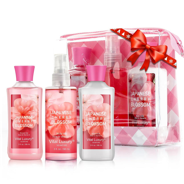 Bath and Body Care Travel Set – Japanese Cherry Blossom Lotion, Gel & Mist for Gifts (Holiday Set)