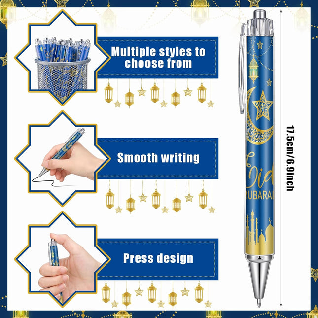 30PCS Eid Mubarak Pens Blue Bulk Ramadan Gifts Ballpoint Party Favors