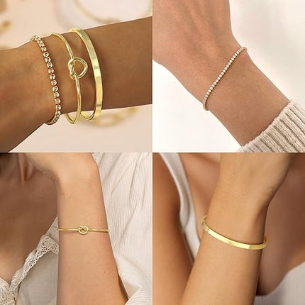 Gold Bangle Cuff Bracelet for Women CZ Tennis Jewelry Set Trendy