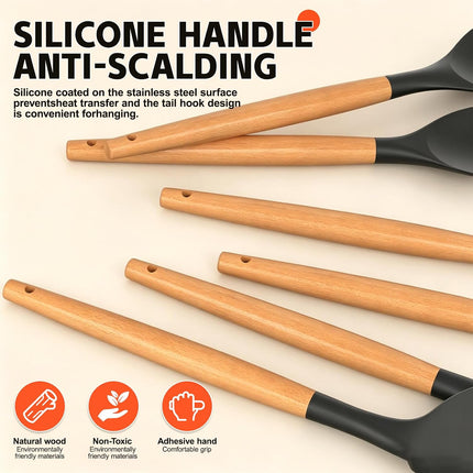 10PCS Silicone Cooking Utensil Set Heat Resistant Nonstick Kitchen Tools Black