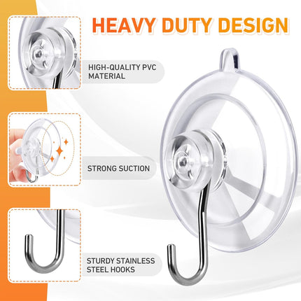 12-Pack Suction Cup Hooks – Clear 1.77" Medium, 10LB, Reusable & Removable
