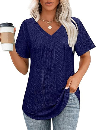Women’s V Neck T Shirts Short Sleeve Casual Loose Fit Curved Hem Basic Tee