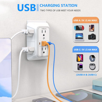 6-Outlet Surge Protector with 4 USB Ports (2 USB-C) – 3-Sided Wall Charger for Home & Travel