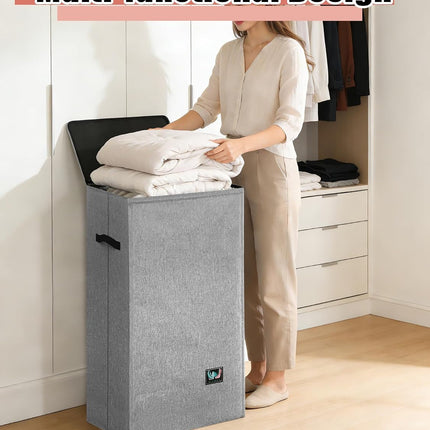 100L Laundry Hamper with Lid, Collapsible Clothes Basket, Removable Liner, Grey