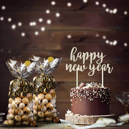 100 PCS Happy New Year Cellophane Treat Bags Black & Gold Party Favors