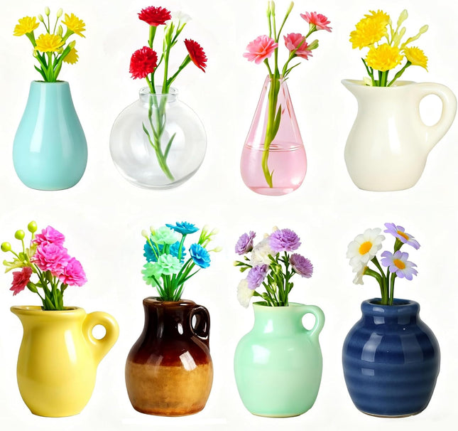8 Pcs Decorative Refrigerator Magnets – Tiny Ceramic Vase Magnets with Artificial Flowers