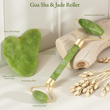 Real Perfection Gua Sha & Jade Roller Set – Reduce Puffiness, Wrinkles, Green
