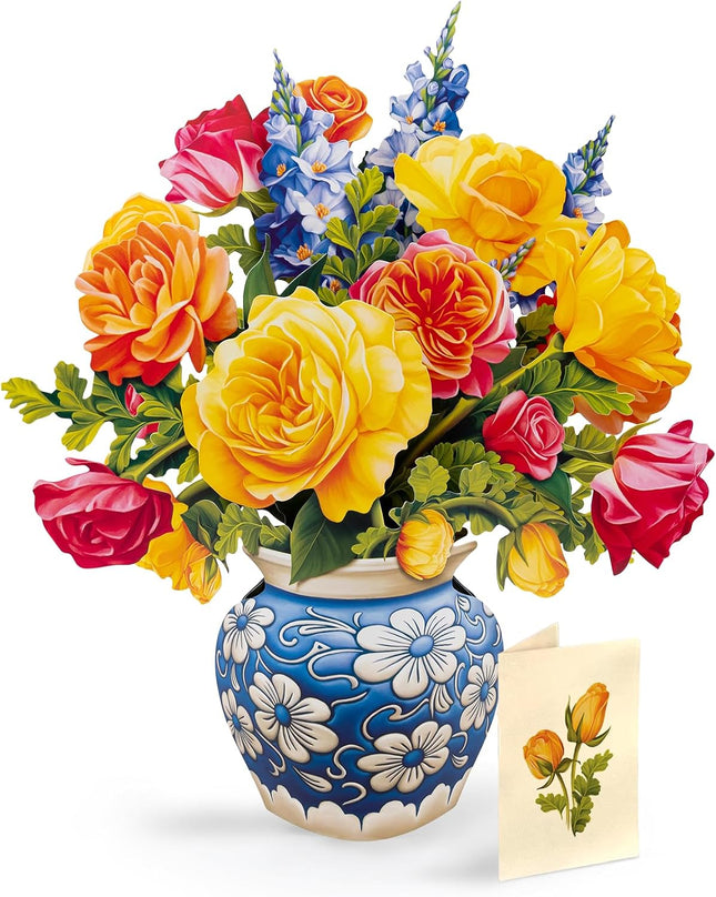 Sorbet Roses 3D Pop-Up Greeting Card, 13-Inch Floral Bouquet Notecard and Envelope