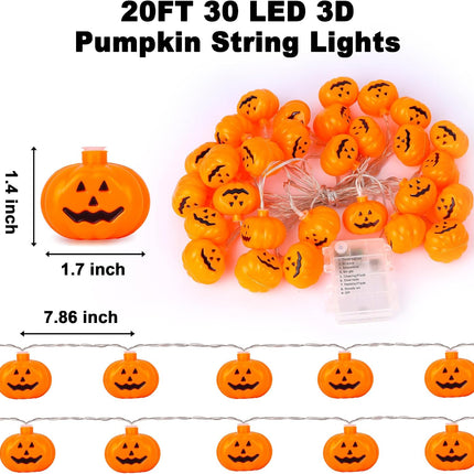 20FT Halloween String Lights, 30 LED 3D Pumpkin Lights, 8 Modes, Waterproof Decor