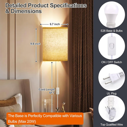 Set of 2 Plug In Wall Sconces Linen Fabric Shade Stepless Color Temperature Lamp
