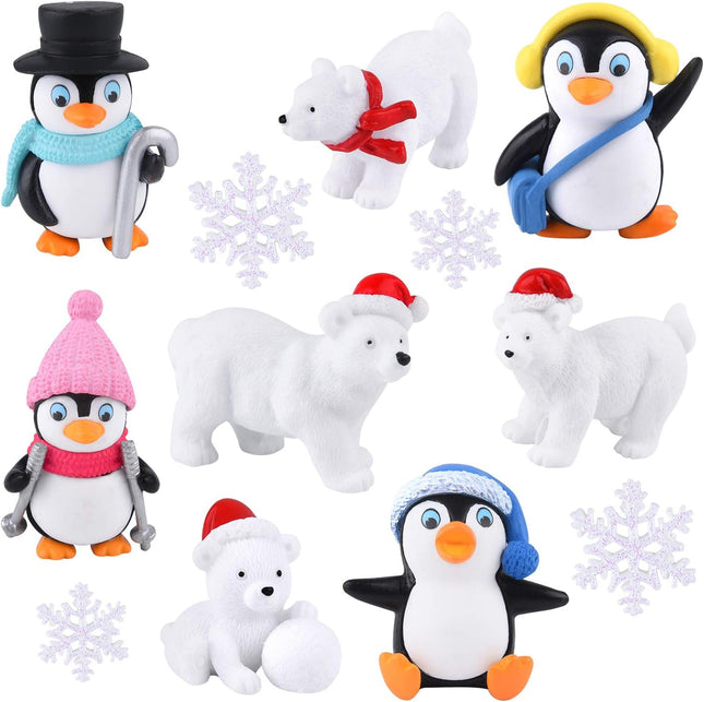 12PCS Winter Resin Penguin Polar Bear Snowflake Mini Christmas Figurines