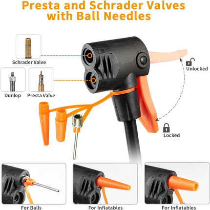 Portable Floor Bike Pump, Dual Presta Schrader Valve Air Pump with Ball Needles