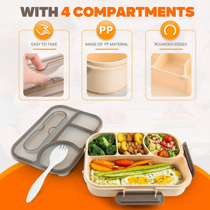 4 Compartment Bento Box Lunch Box BPA Free Dishwasher Safe Khaki Container