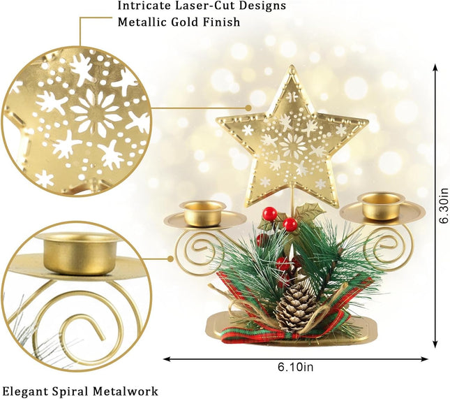 Christmas Table Candle Holders – Berries, Pine Cones & Leaves Holiday Decor
