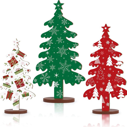 Wooden Christmas Tree Tabletop Signs – 3-Pc Double-Sided Holiday Decor Set