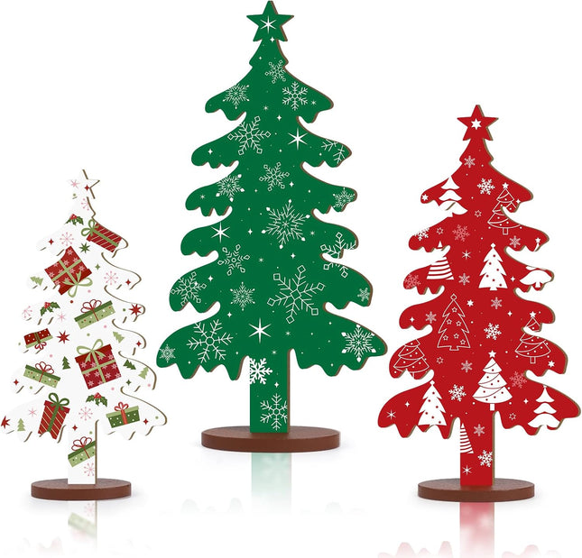 Wooden Christmas Tree Tabletop Signs – 3-Pc Double-Sided Holiday Decor Set