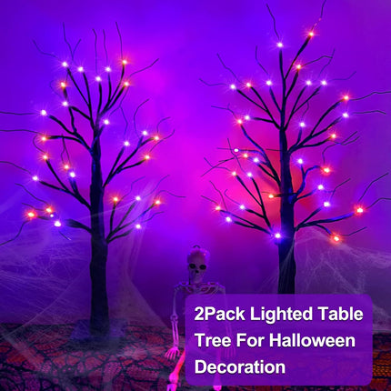 2-Pack 24in Halloween Light-Up Trees, 48 LED Orange Purple Tabletop Decor, Timer