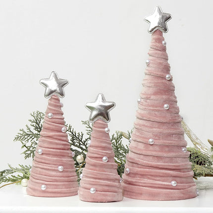 Christmas Indoor Decorations – 3-Piece Pink Velvet Cone Trees with Pearls for Table Decor