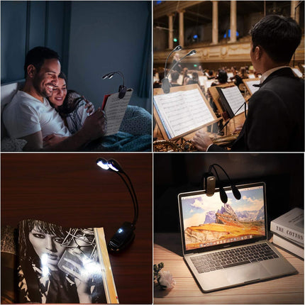 LED Book Light for Musicians – Clip-On, USB/AAA, Dual Arm, 4 Brightness Levels