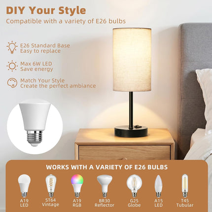 Set of 2 Bedroom Table Lamps 3-Way Dimmable Rocker Switch AC Outlet E26 Bulb