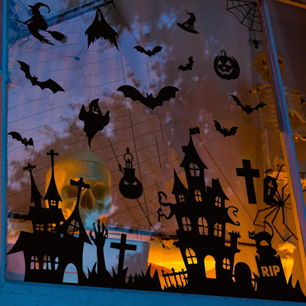 6-Sheet Halloween Window Clings, Black Castle Graveyard Bat Reusable Glass Decals