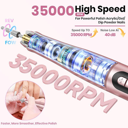Cordless Nail Drill 35000RPM, Rechargeable Nail File with LCD Display & 9 Bits