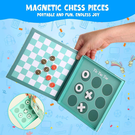 Magnetic Checkers and Tic Tac Toe Foldable Travel Game for Kids Ages 3+