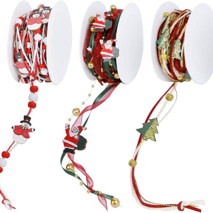 3-Pack Christmas Beads Ribbon, 16.4 Ft – Tree Trim Rope with Santa Claus & Snowman