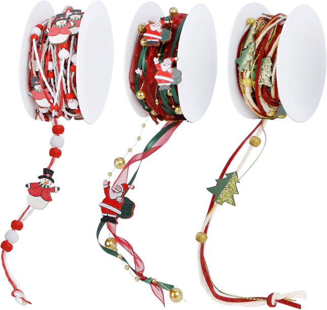 3-Pack Christmas Beads Ribbon, 16.4 Ft – Tree Trim Rope with Santa Claus & Snowman