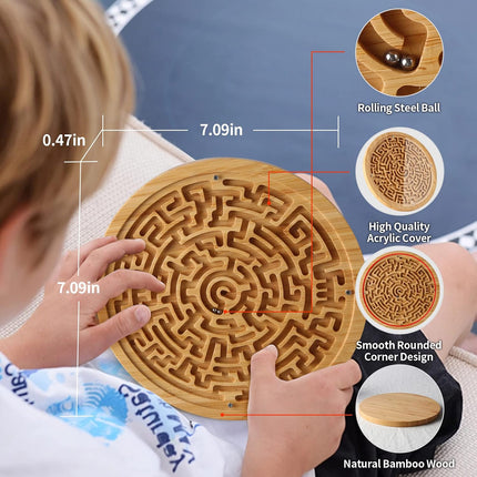 Round Wooden Labyrinth Board Game, Marble Maze Puzzle with 2 Metal Balls for Kids & Adults
