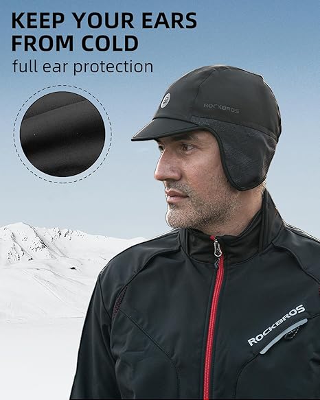 Black Winter Cycling Cap, Windproof Liner Hat with Sun Visor for Men & Women