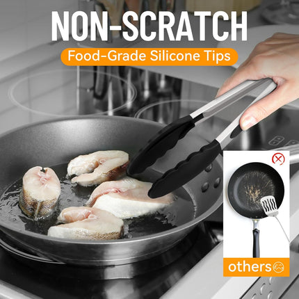 3-Piece Cooking Tongs Set – Stainless Steel, Heat Resistant, Silicone Tips