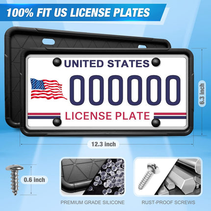 2 Pack Silicone License Plate Frames – Universal US Car, Rust & Rattle Proof, Black
