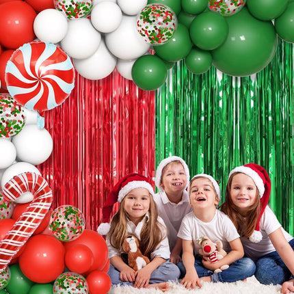 153pcs Christmas Balloon Garland Kit – Red Green White Balloons & Foil Curtain