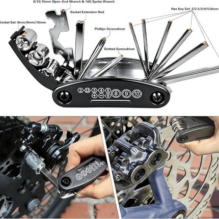 16-in-1 Bike Multi Tool Kit, Portable Bicycle Repair Tool with Hex Keys & Tire Levers