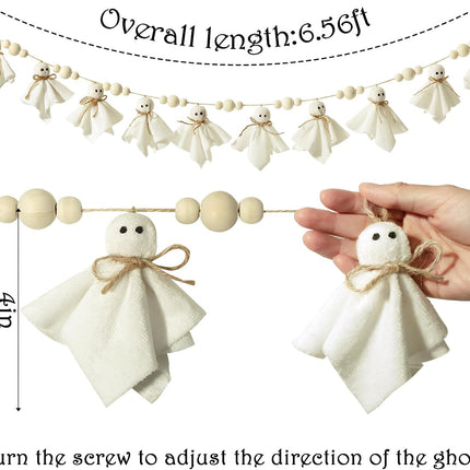 White Ghost Halloween Garland with Wood Beads, Cute Banner for Wall, Mantel & Door