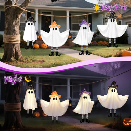4-Pack Light-Up Halloween Ghosts with Witch Hats, 3 Modes, DIY Arms, Indoor Outdoor