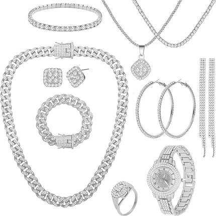 13-Piece Silver Jewelry Set for Women – Stainless Steel Cuban Link, CZ Earrings & More