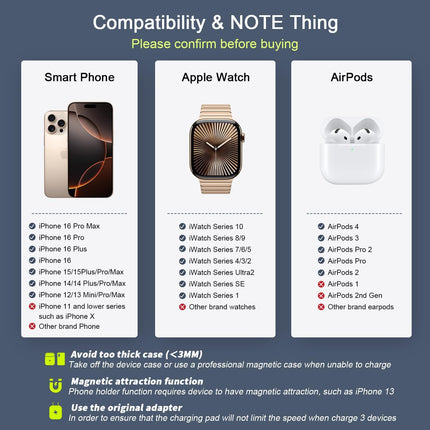3 in 1 Magnetic Wireless Charging Station for iPhone iWatch AirPods with Adapter
