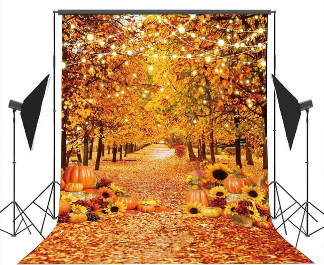 Autumn Forest Photography Backdrop 5x7FT – Fall Leaves & Pumpkins for Thanksgiving