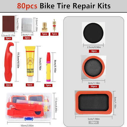 80PCS Bike Tire Repair Kit, Self-Adhesive Patches with Storage Box & Valve Converter