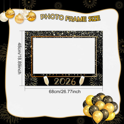 Happy New Year 2026 Photo Props with Frame – Gold Glitter NYE Party Kit