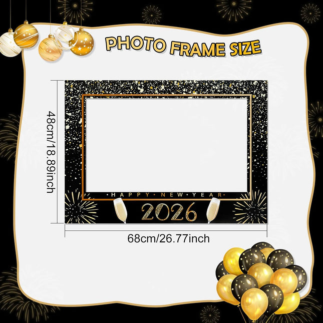 Happy New Year 2026 Photo Props with Frame – Gold Glitter NYE Party Kit
