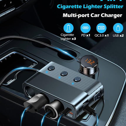 7-1 Car Cigarette Lighter Splitter, 12V/24V, PD30W, QC3.0, USB, Voltage Display