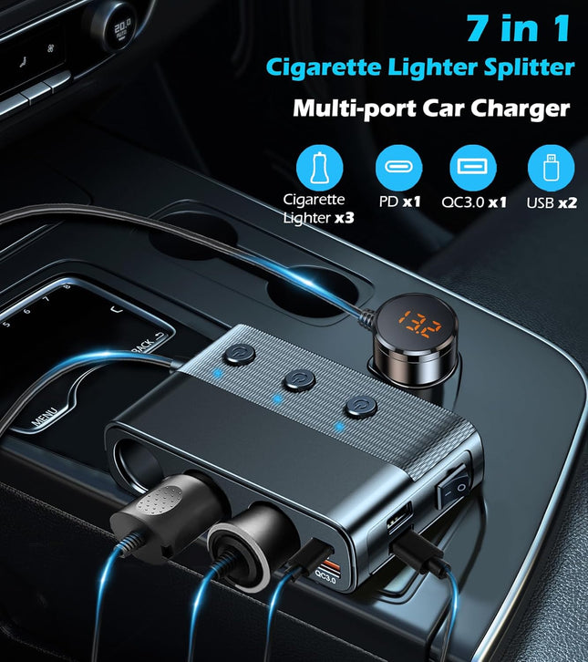7-1 Car Cigarette Lighter Splitter, 12V/24V, PD30W, QC3.0, USB, Voltage Display